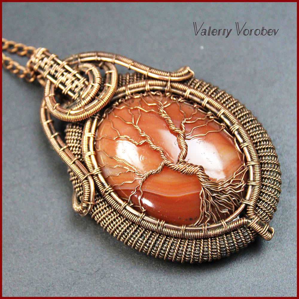 Кулон Древо жизни из медной проволоки и агата