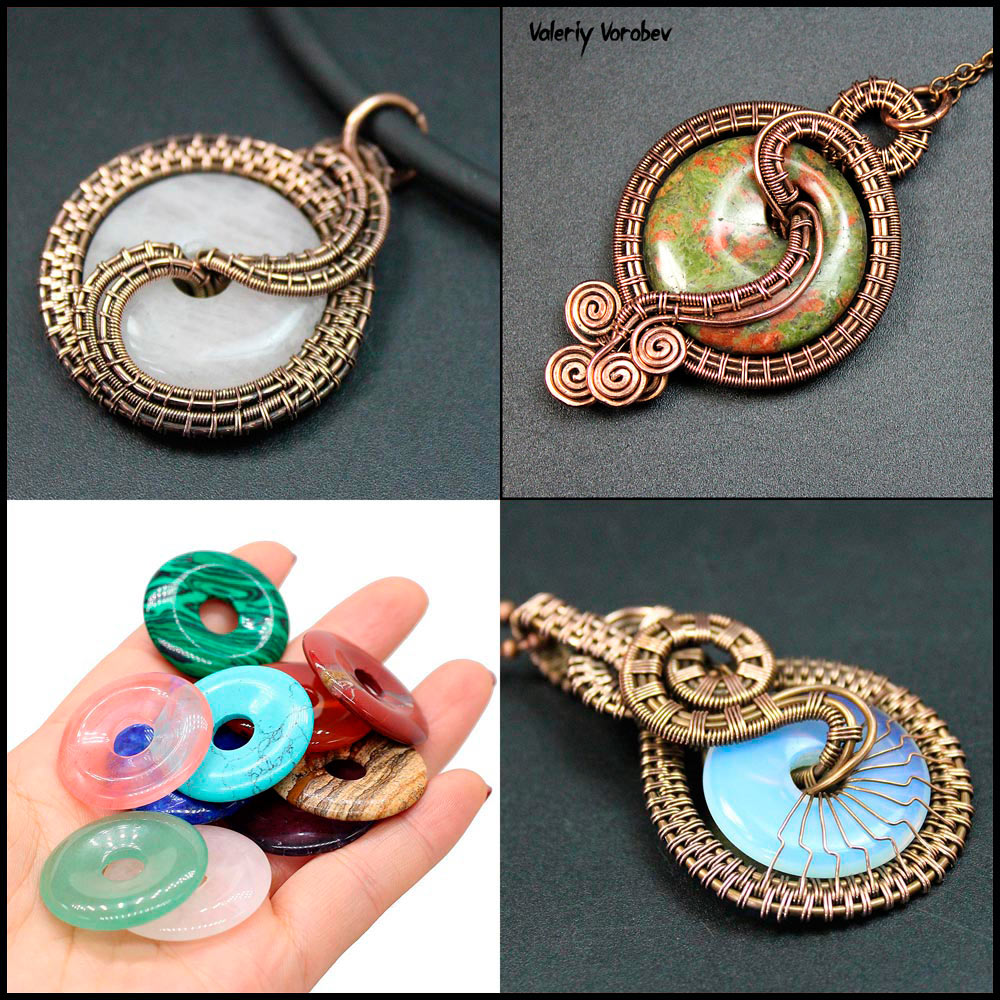 Авторские Кулоны из проволоки с камнем Пончик в технике Wire Wrap