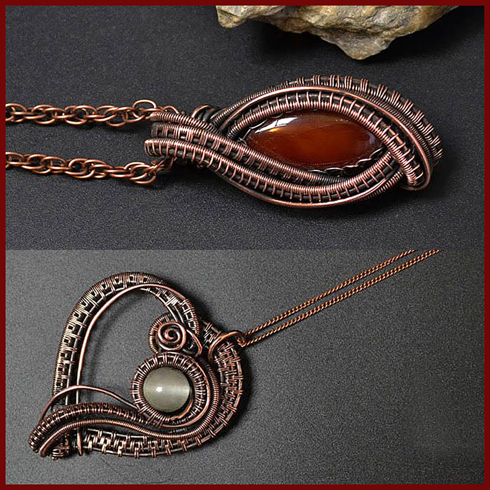 Кулоны ручной работы из медной проволоки и камней