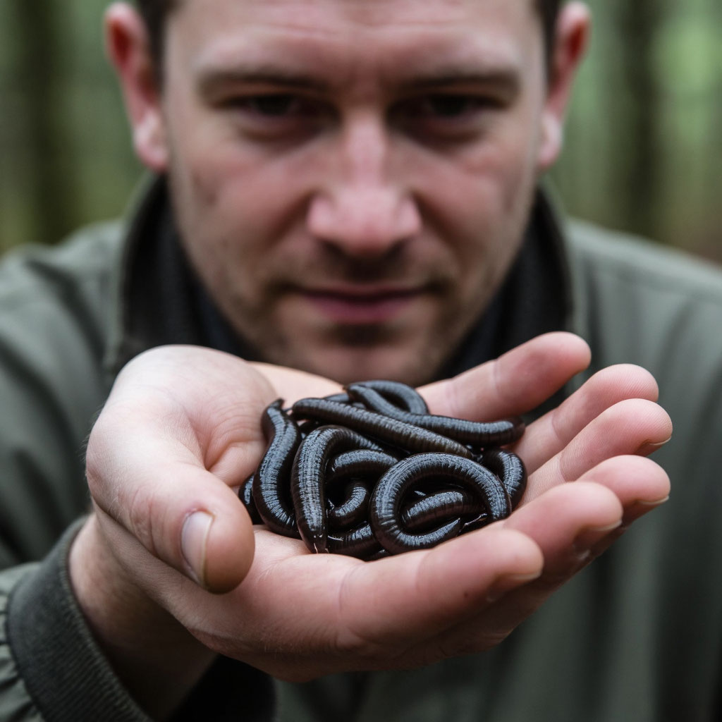 Мужчина держит на ладони пиявок медицинских