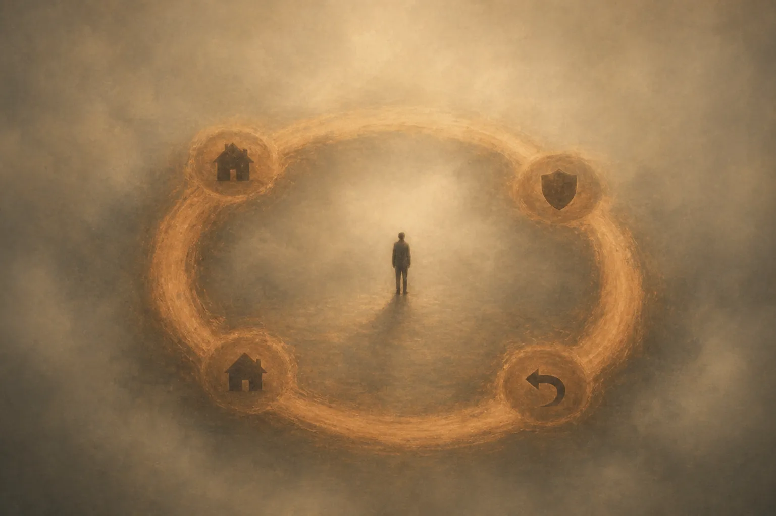 Человек в тумане внутри светящегося овала с символами дома, защиты и возврата — цикл привычного поведения при самосаботаже