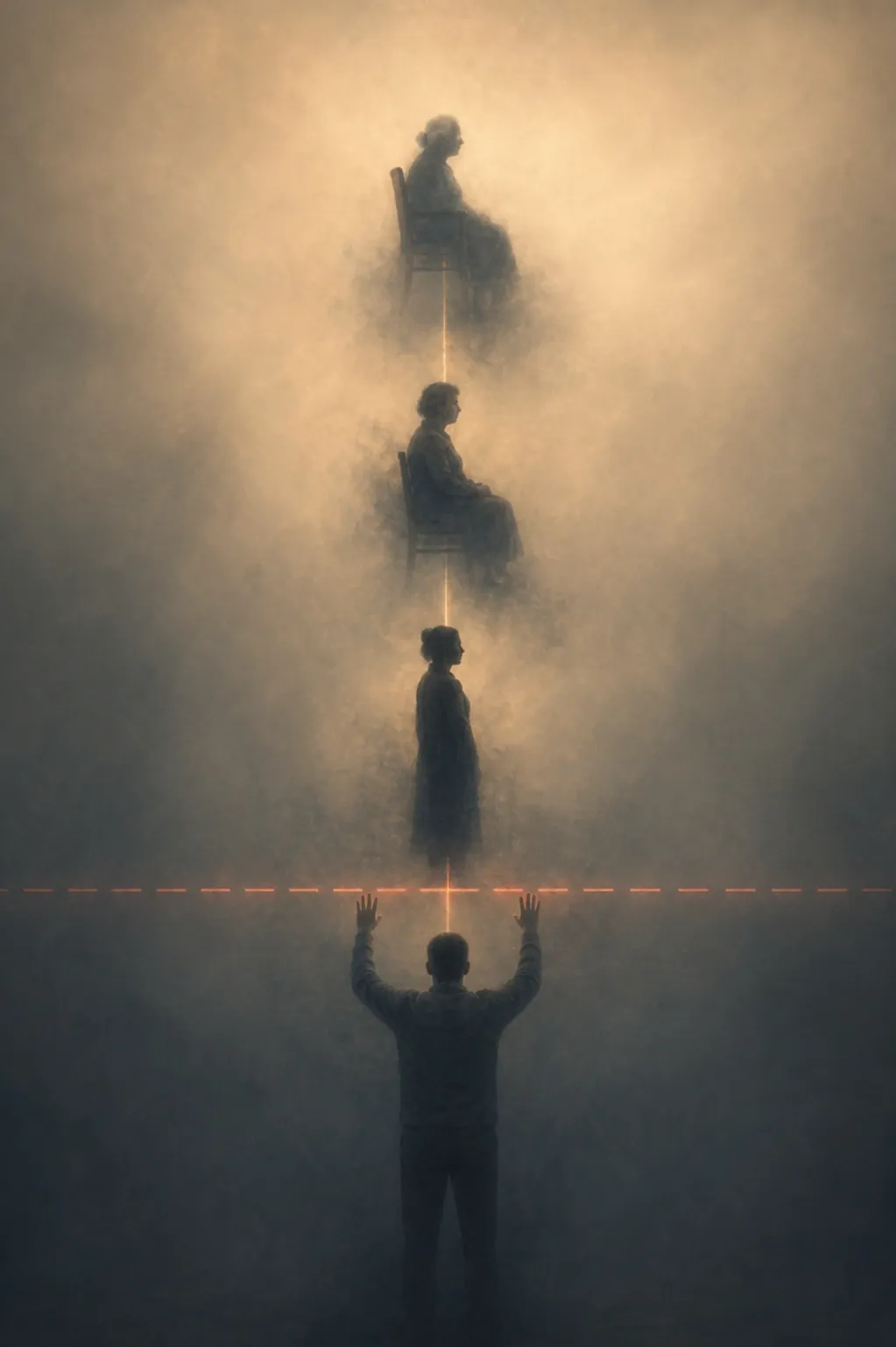 Мужчина спиной у светящейся пунктирной линии; над ним в тумане три женские фигуры в профиль вдоль вертикали — образ родовой линии и влияния семейных сценариев на самосаботаж