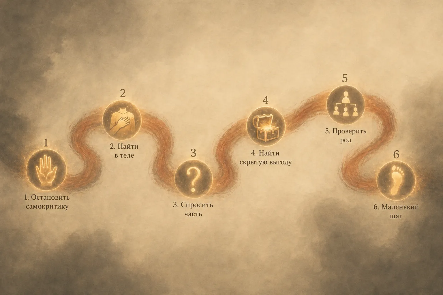 Инфографика из шести шагов работы с самосаботажем: остановить самокритику, найти в теле, спросить часть, найти скрытую выгоду, проверить род, сделать маленький шаг — по светящейся дорожке на фоне пергамента