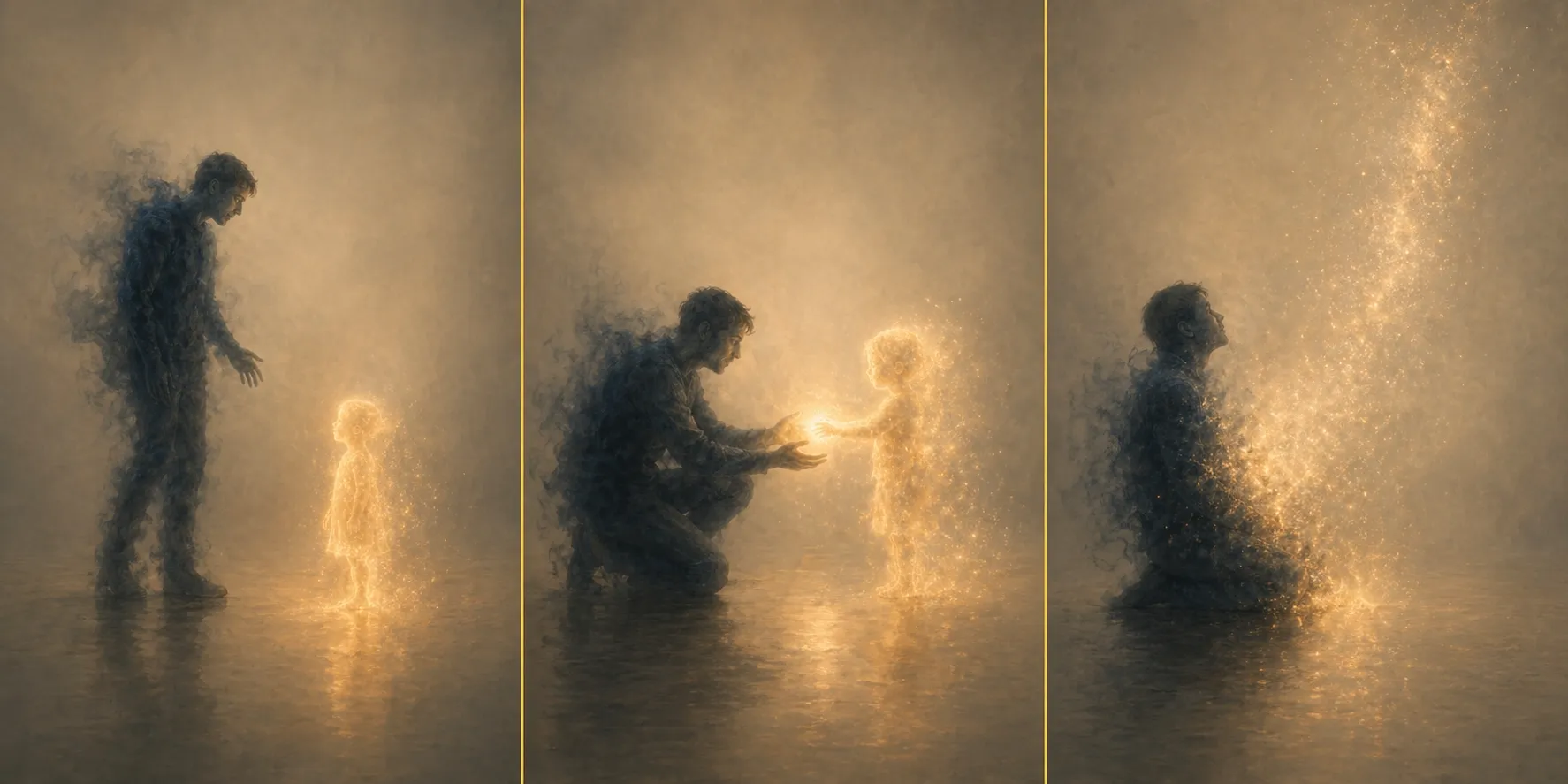 Триптих: дымная фигура взрослого и сияющий ребёнок; встреча на коленях и передача шара света; свет поднимается из груди вверх — встреча с внутренним ребёнком и интеграция