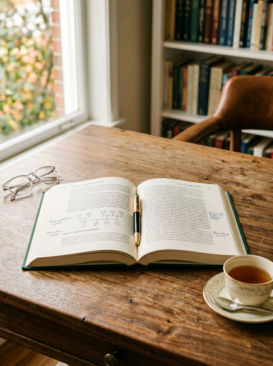 Открытая профессиональная книга по семейной системной терапии, ручка, очки, чашка чая