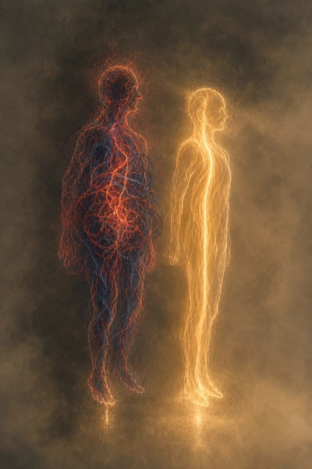 Два силуэта в профиль из светящихся нитей: слева красно-синяя запутанная сеть, справа ровное золотое свечение с яркой вертикалью по центру тела — метафора двух частей личности и внутреннего конфликта при самосаботаже