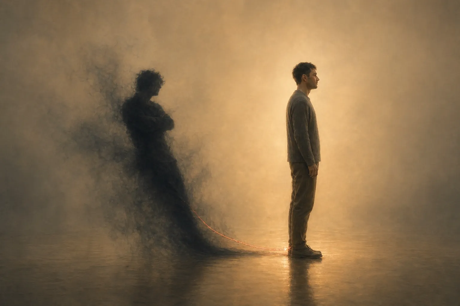Мужчина в профиль в тёплом свете и дымная тень позади со скрещенными руками; светящаяся красная нить связывает их у щиколоток — метафора внутреннего конфликта и связи с защитной частью при самосаботаже