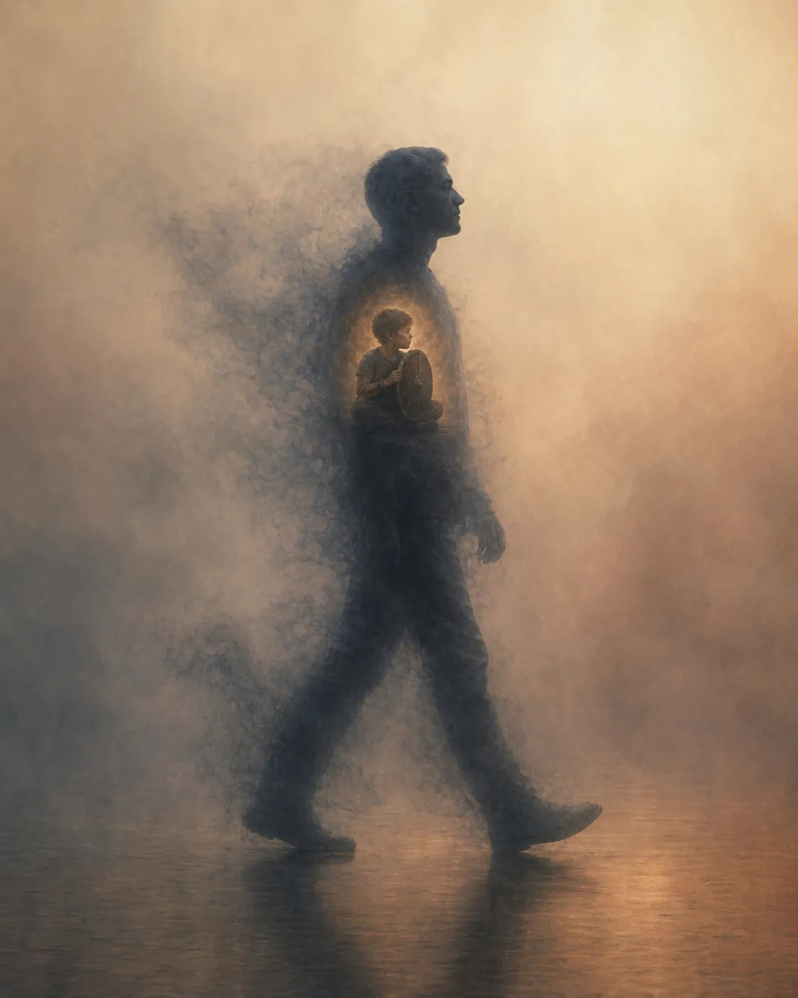 Силуэт идущего мужчины из дыма; в груди в светящемся овале сидит мальчик с круглым щитом — метафора внутреннего ребёнка и психологической защиты в теме самосаботажа