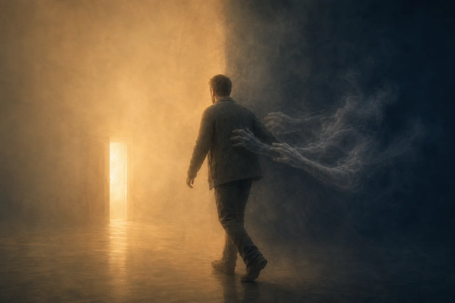 Человек идёт к ярко освещённой двери; из тёмной стороны дымные руки удерживают его за спину — иллюстрация к статье о самосаботаже и внутреннем сопротивлении переменам
